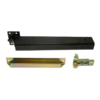 Disassembled gate closer with three parts showing. Top: black closing mechanism. Bottom: suitable rail and wheels