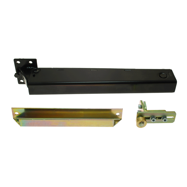 Disassembled gate closer with three parts showing. Top: black closing mechanism. Bottom: suitable rail and wheels