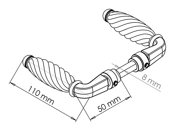 Technical drawing of traditional handle set. Handles have twisted ends
