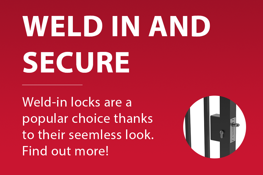 secure weld in locks for metal gates on red background