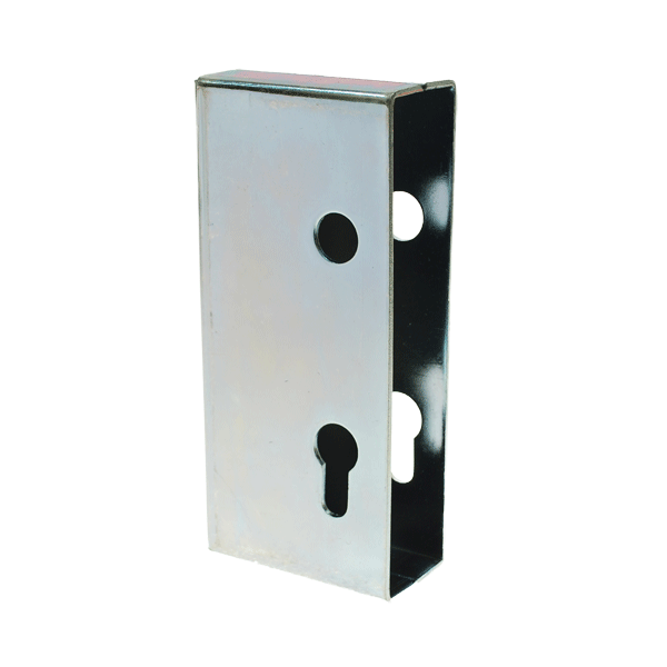 Rectangular metal weld in box for hook lock. Box has hole for key cylinder at bottom and round hole further up for handles