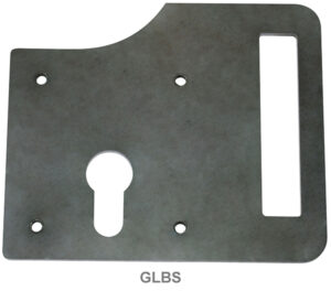 Metal slotted lock plate with hole for cylinder surrounded by four small holes for screws. On left side of plate a long rectangular slot