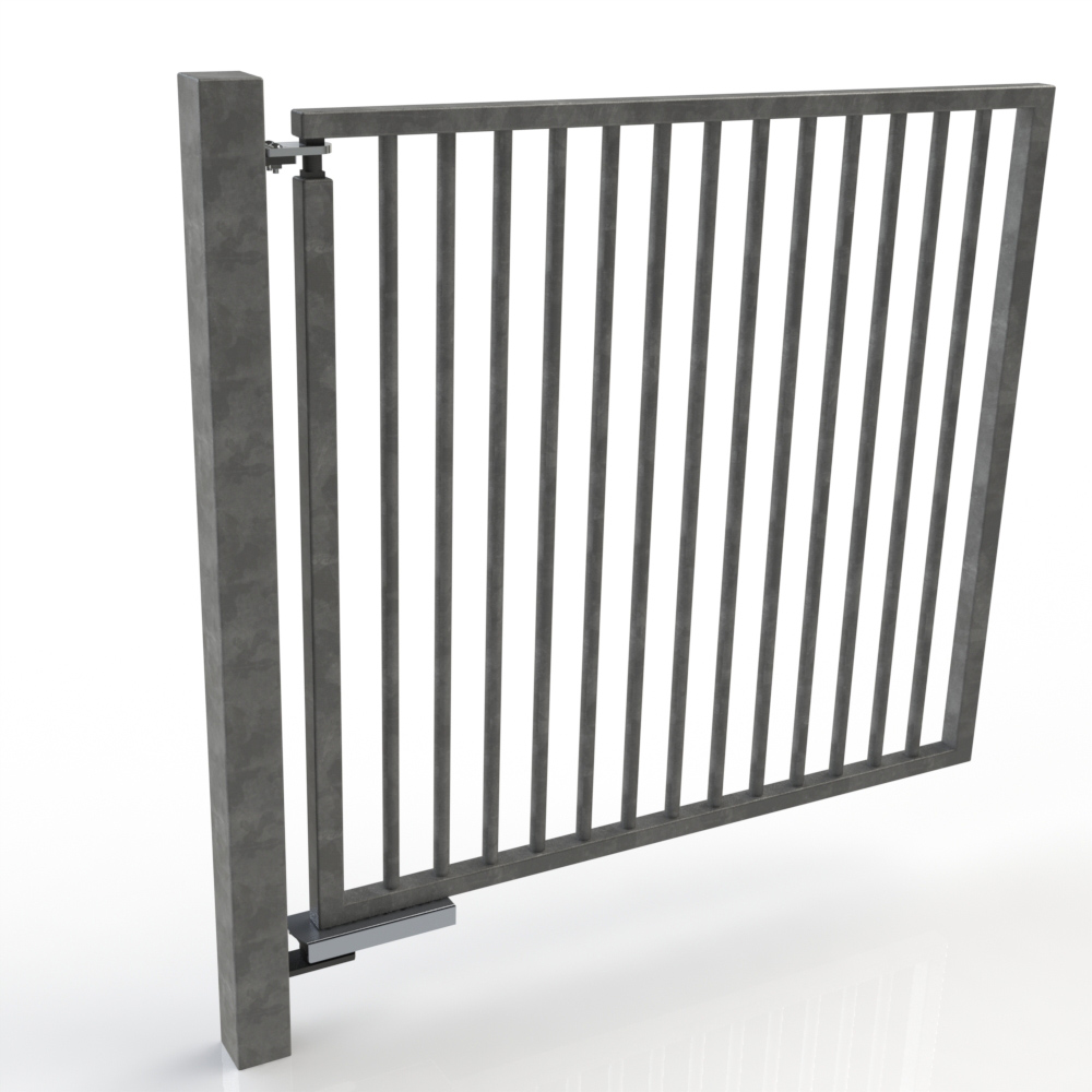 Grey metal gate with hydraulic gate closing hinge kit installed