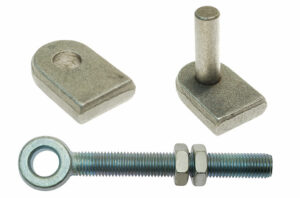 Hook and eye hinge set. Below is a threaded eye bolt with two nuts
