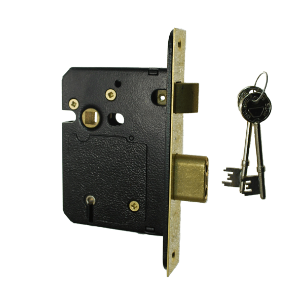 Lock mechanism with forend plate. At top is latching bolt and below is deadlocking bolt. On the right side is set with two keys