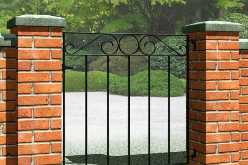 Digital render of red brick gate posts with ornamental black metal gate fixed