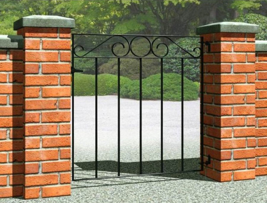 Digital render of red brick gate posts with ornamental black metal gate fixed and gate hardware hinges for gates