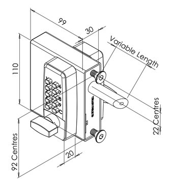 Technical drawing of keyless lock with mechanical keypad with thumbturn